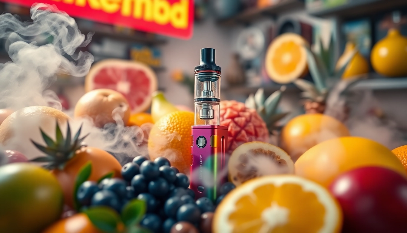 Showcasing a funky republic vape surrounded by colorful fruits and vapor clouds for a vibrant look.