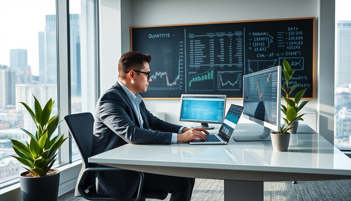 Quant analyst working diligently in a modern office environment analyzing data.