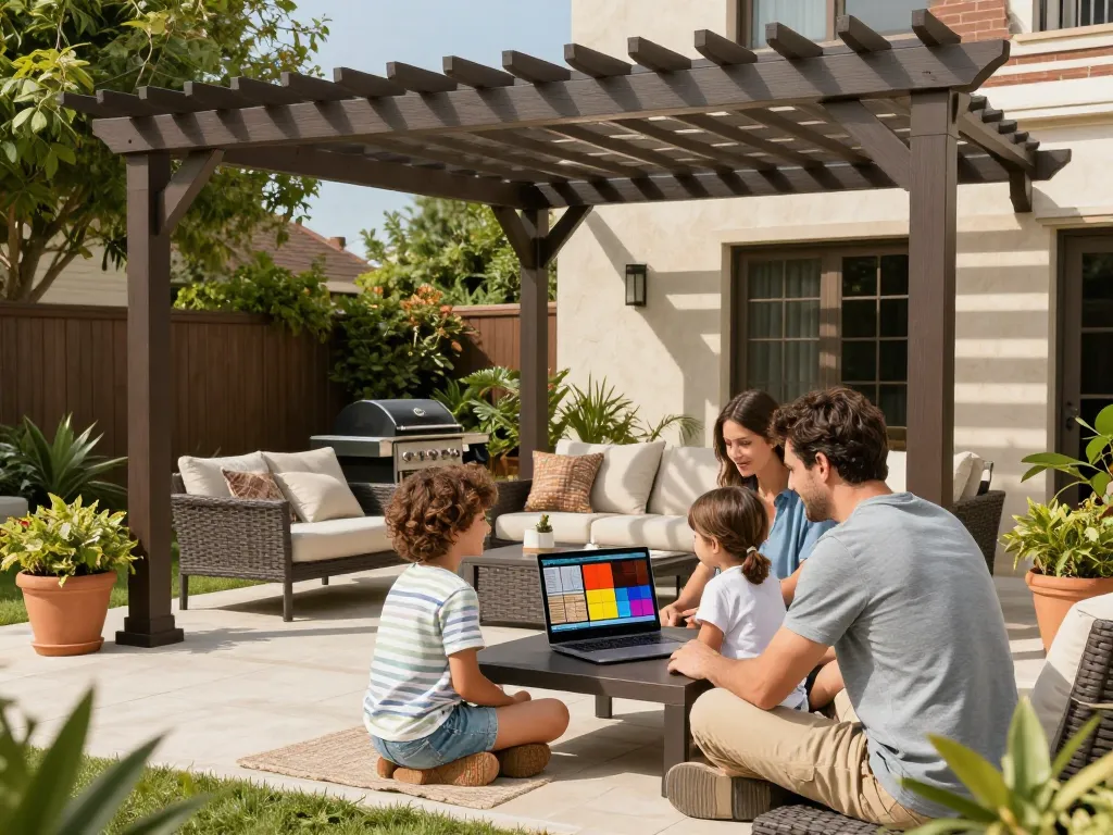 Family using configuratore pergola online to customize a pergola in a sunny outdoor living space.