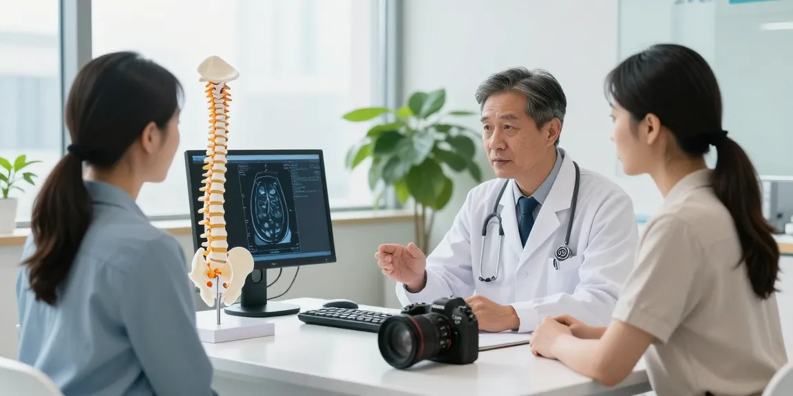 Bel fıtığı ameliyatı consultation with patient discussing treatment options in a modern clinic