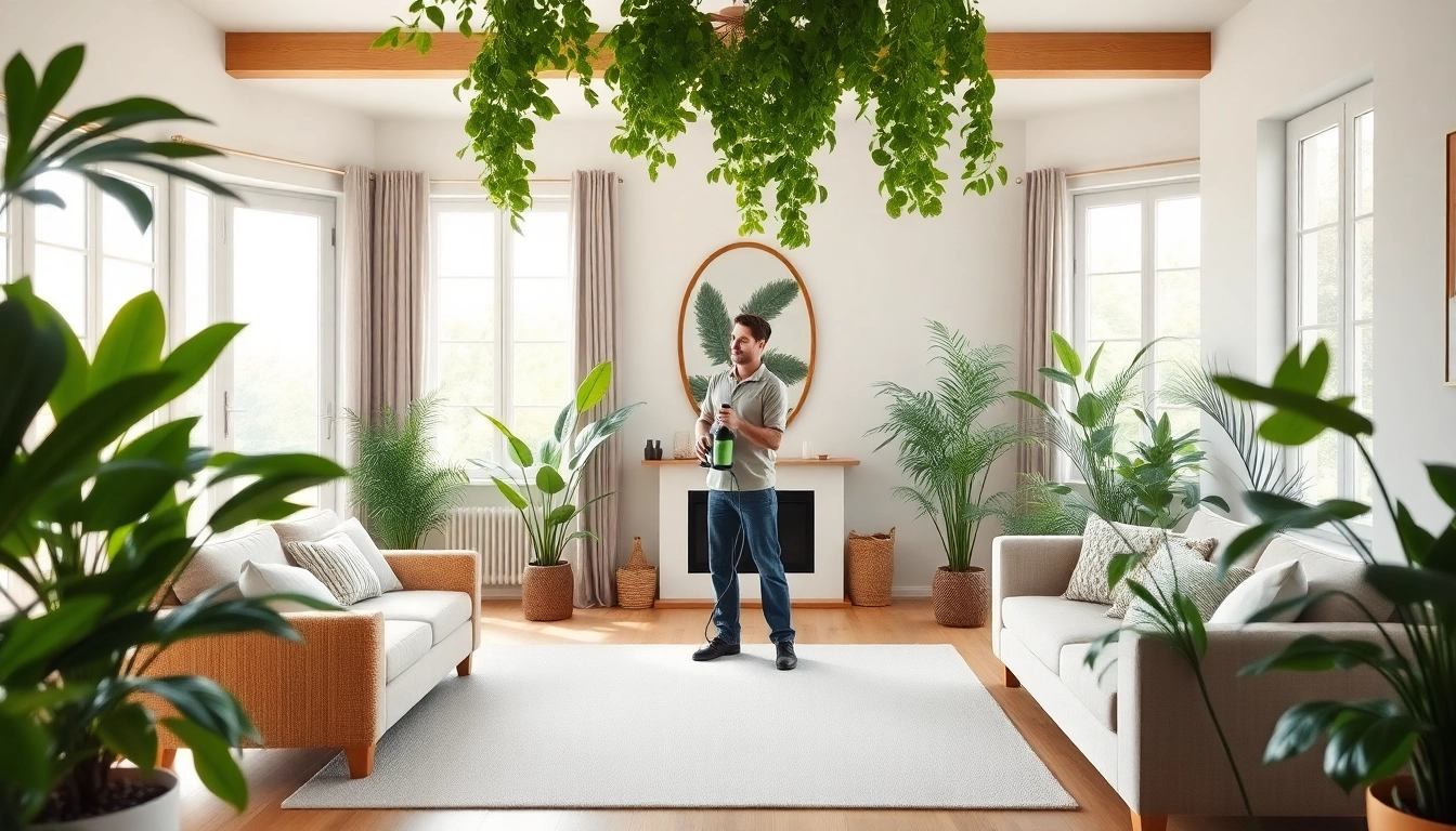 Implementing family safe insect control with a technician in a bright living room environment.