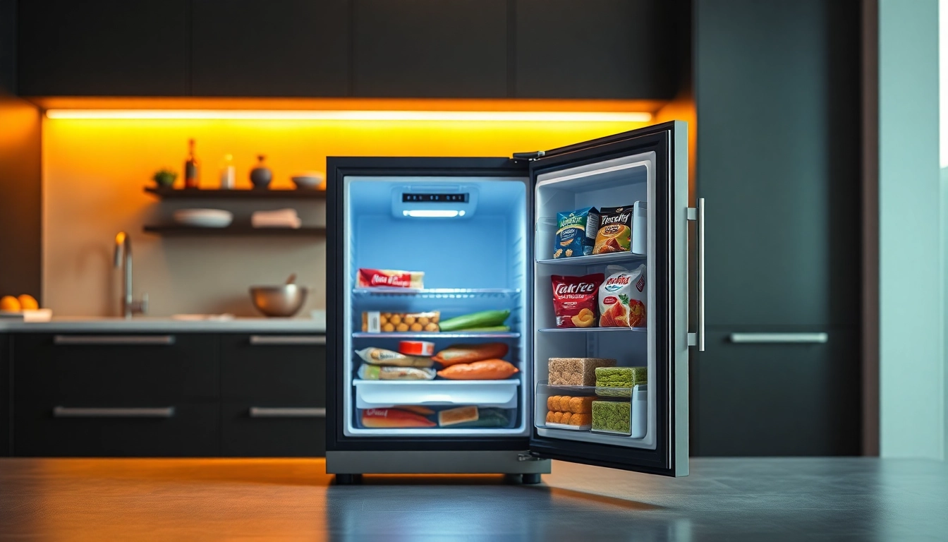 Showcasing a mini freezer with sleek design and organized storage in a modern kitchen.