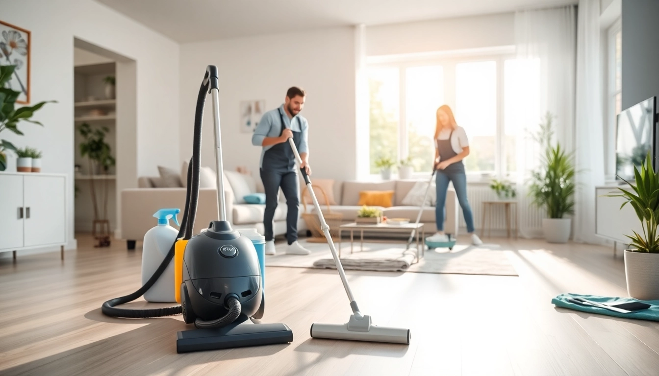 Cleaning service professionals tidying a bright living room, showcasing efficiency and care.