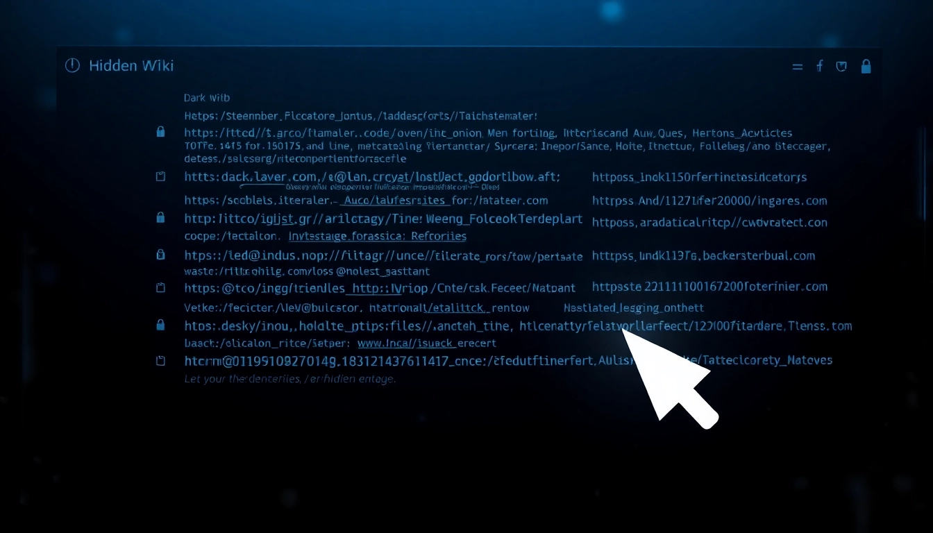 The hidden wiki 1 showcasing various .onion links on a dark web interface with a tech-savvy design.