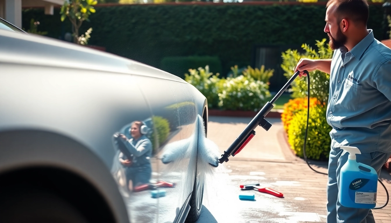 Broward County mobile detailing showcasing a technician expertly washing a car under bright sunlight.