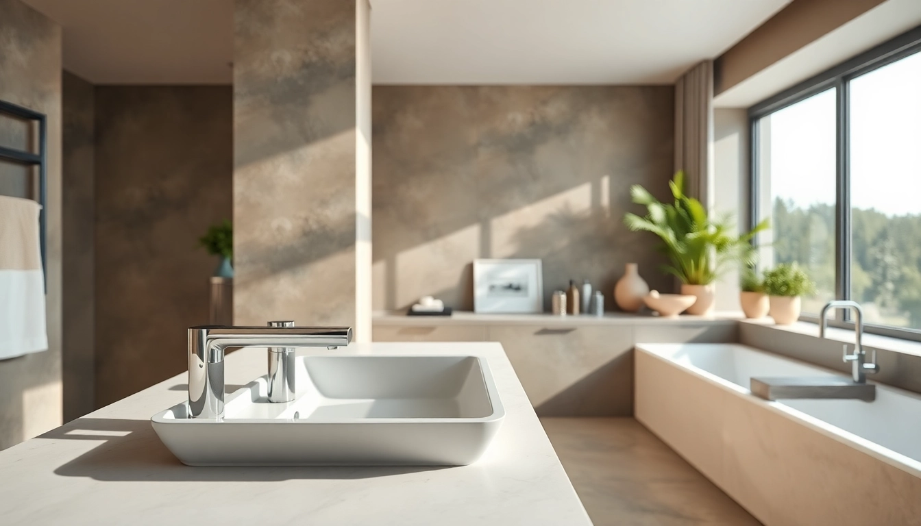 Sonni sanitär Produkte elegant in modernem Badezimmer arrangiert.