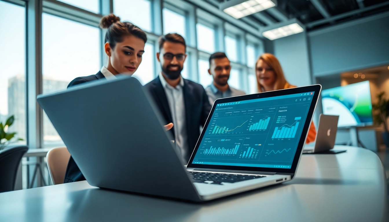 Streamlined invoice processing software demonstrated in a vibrant office environment.