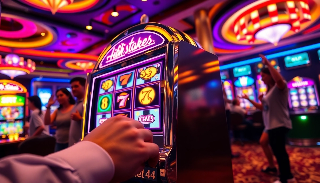 Mainkan ibet44 slot dengan suasana kasino yang meriah dan pemain yang merayakan kemenangan.