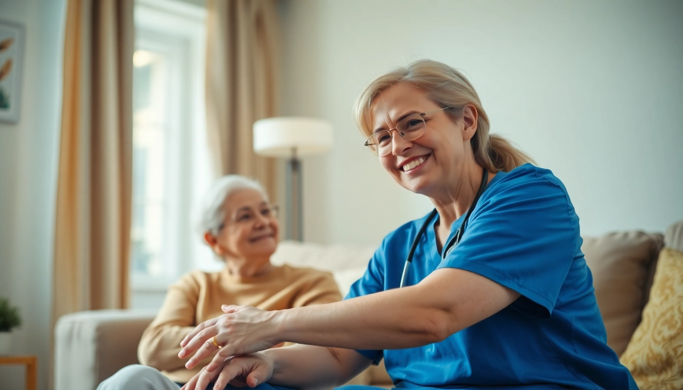 Engage in compassionate home healthcare services with a nurse assisting an elderly patient in a cozy setting.