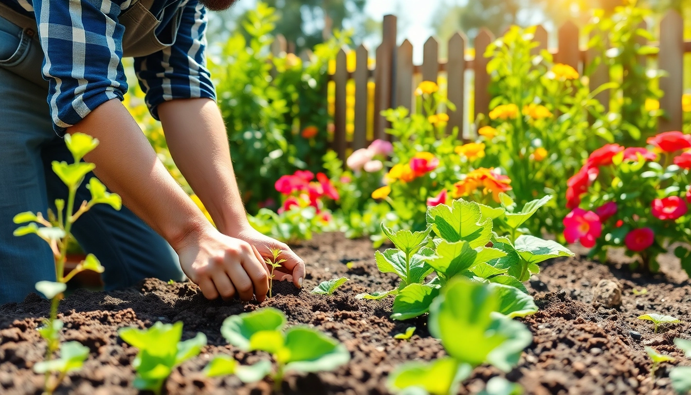 Engaging scene of Gardening with a gardener planting seeds in a vibrant vegetable garden.