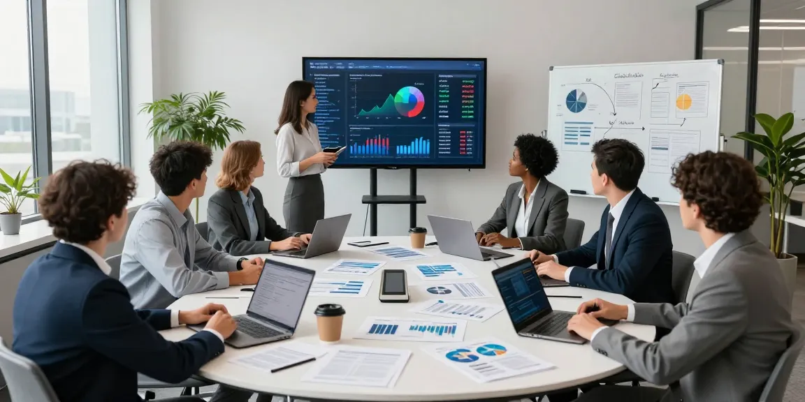 Team discussing financial crime intelligence strategies in a modern office setting with analytics on display.