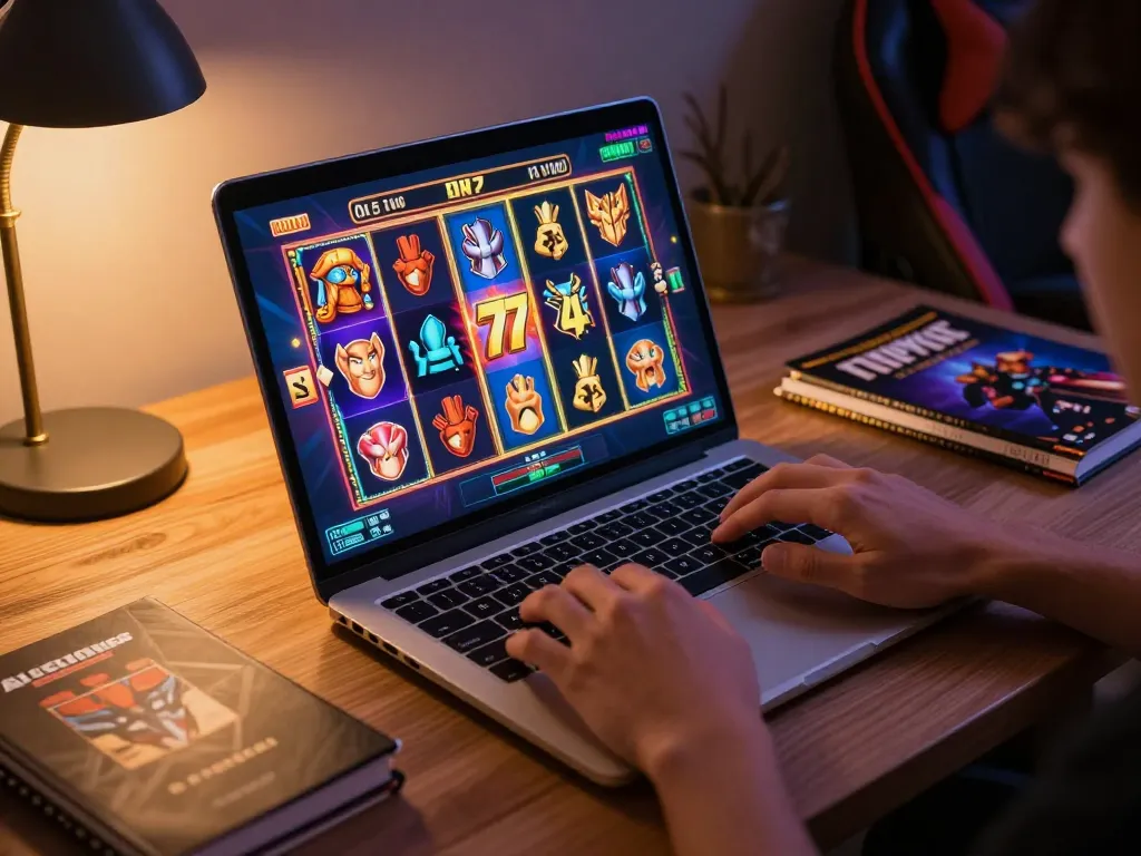 Engaging gameplay on slot77 with a player spinning a colorful online slot machine.