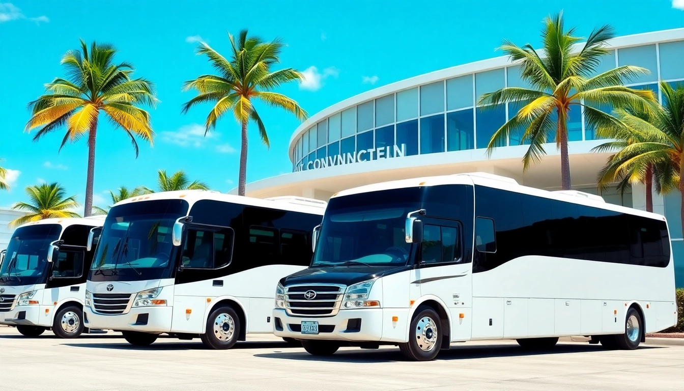 View premium charter buses at https://miamicharterbus.com outside a Miami convention center.