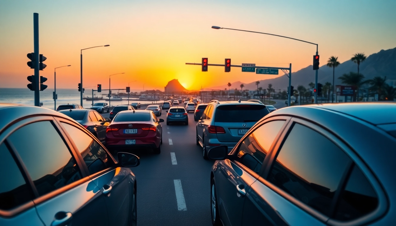 Detailing Los Cabos traffic updates at a busy intersection during sunset.