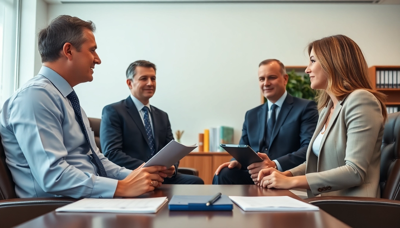 Engaging conversation between USA lawyers and a client in a professional office.
