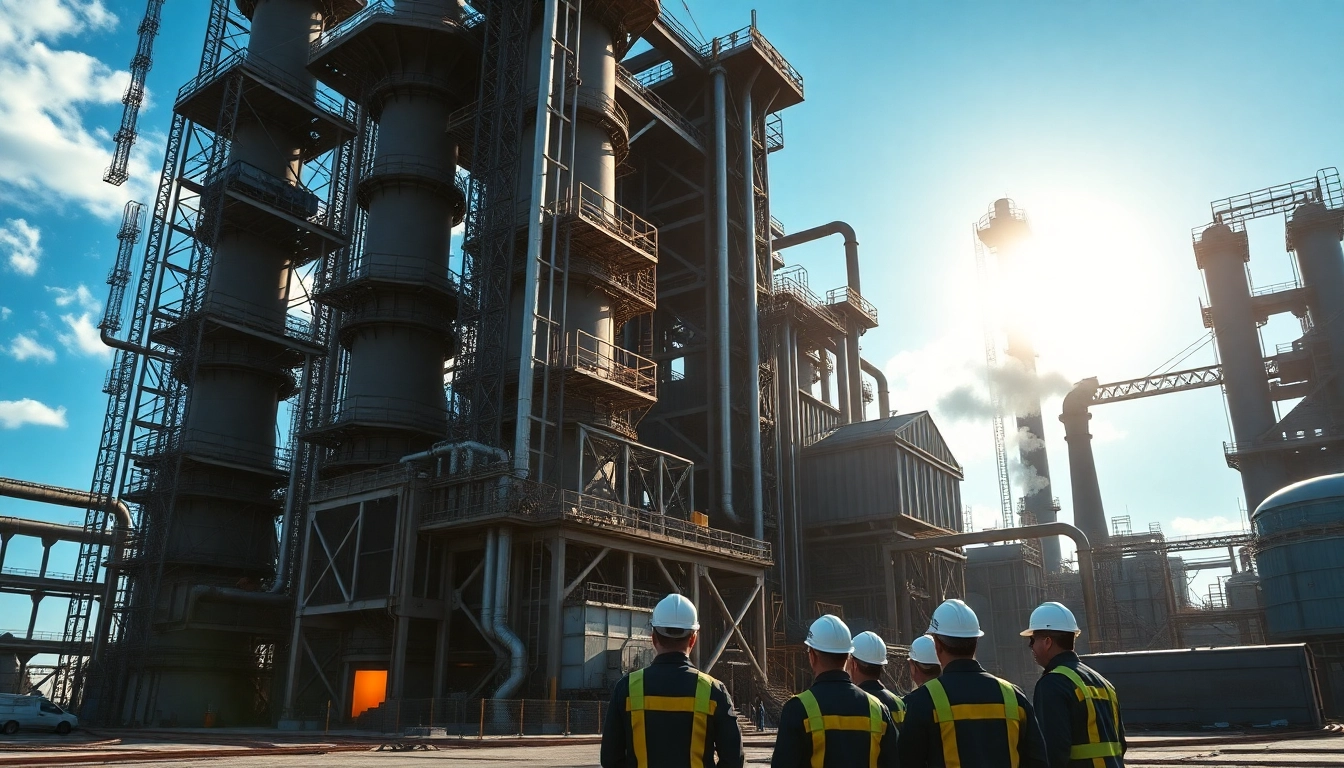 Engineers monitoring operations at a modern steel mill with vibrant machinery and sunny skies.