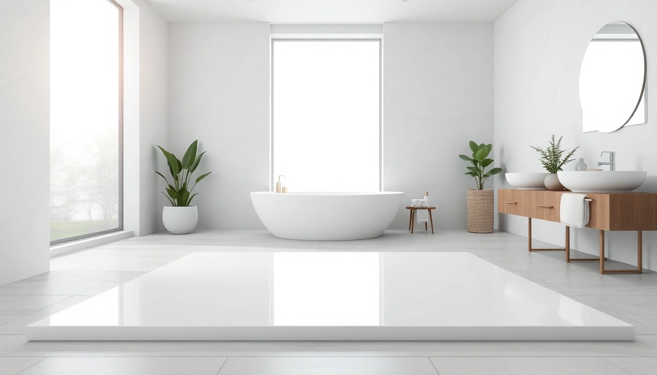 Piatto doccia moderno con design elegante e superficie liscia nel bagno luminoso.