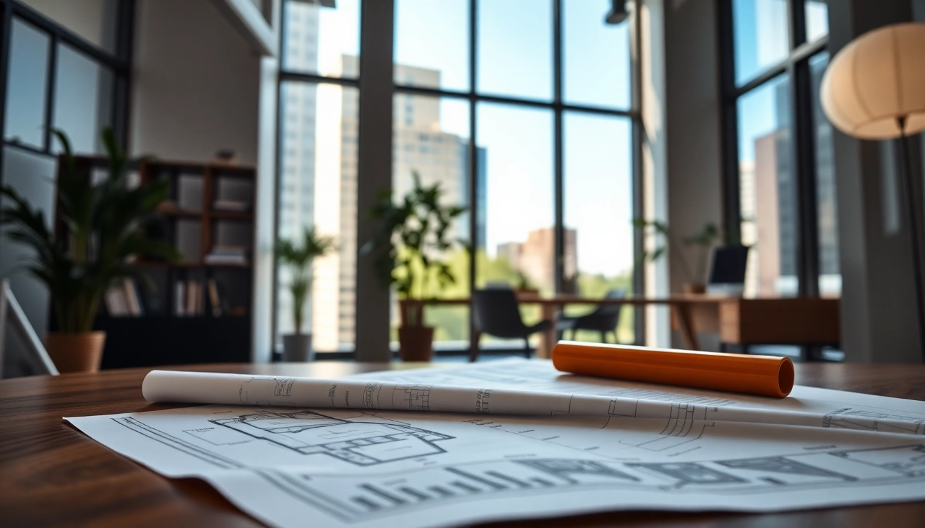 Highlighting architectural services through a modern office with design blueprints.