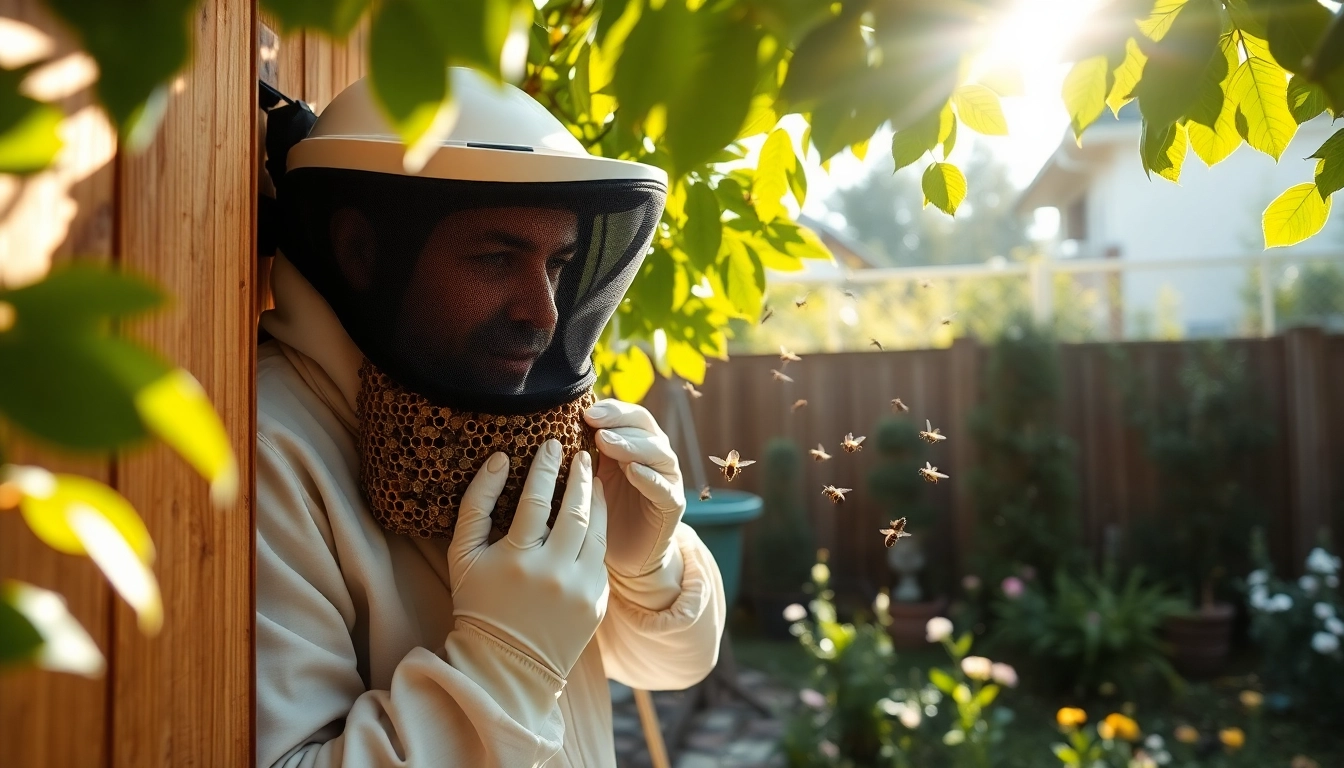 Expert performing honey bee hive removal from a wall, ensuring the safety of bees and environment.