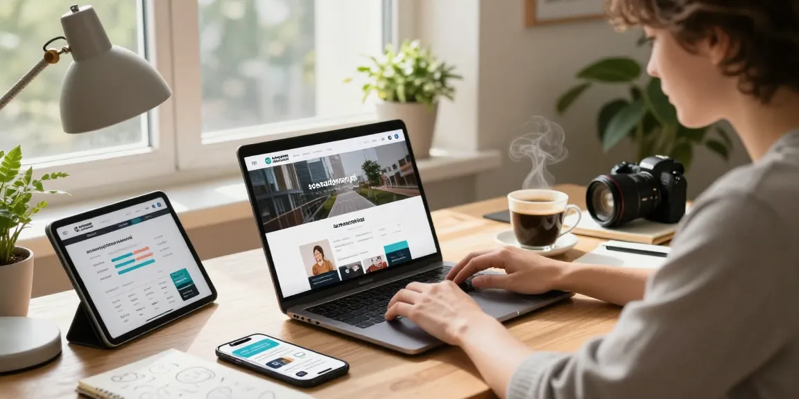 Engaged user exploring the dynamic online platform scenadomen.pl in a modern home office.