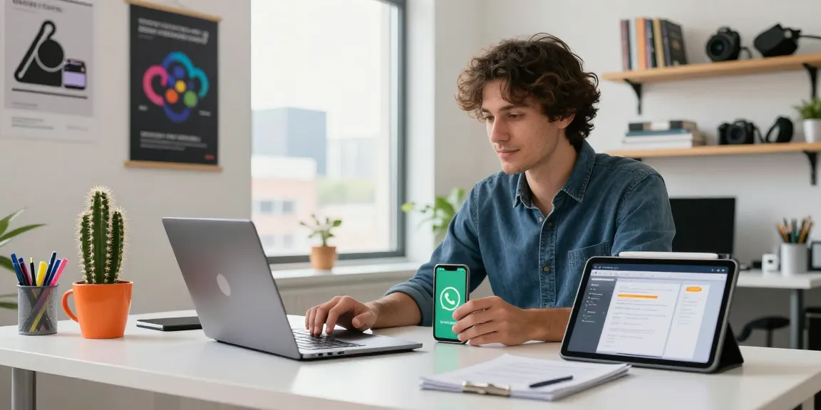 Tech enthusiast in a modern workspace using WhatsApp下載 on laptop and smartphone, surrounded by tech books and motivational posters.