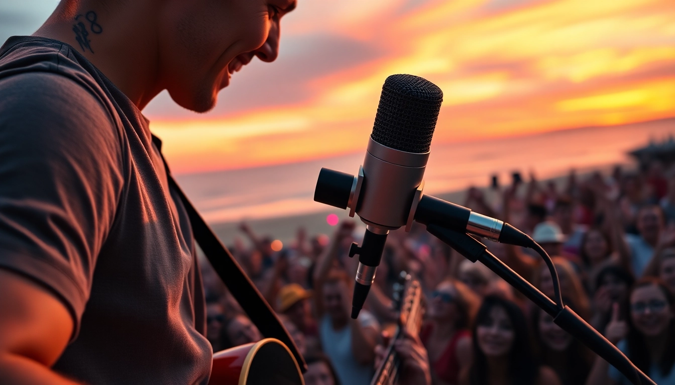 Capture the energetic musician using MV88 microphone during a live performance at sunset.