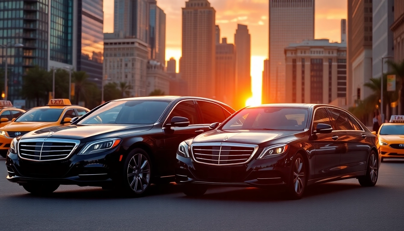 Offering premium Car service nyc with luxury sedans in a vibrant urban skyline backdrop.