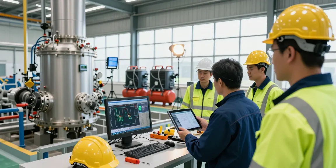 Power Generation engineers analyzing gas CHP unit efficiency in modern energy facility