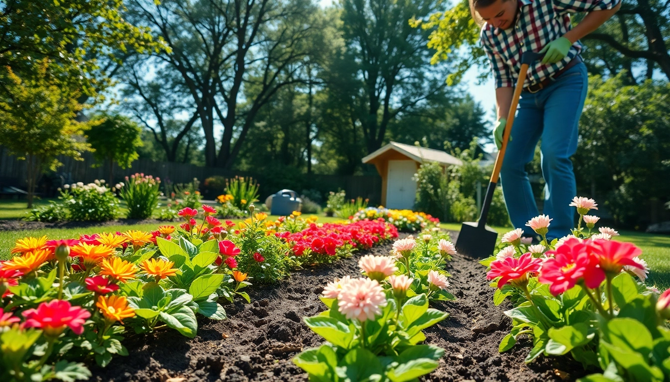 Gardening activities in a vibrant yard with a gardener tending to plants.