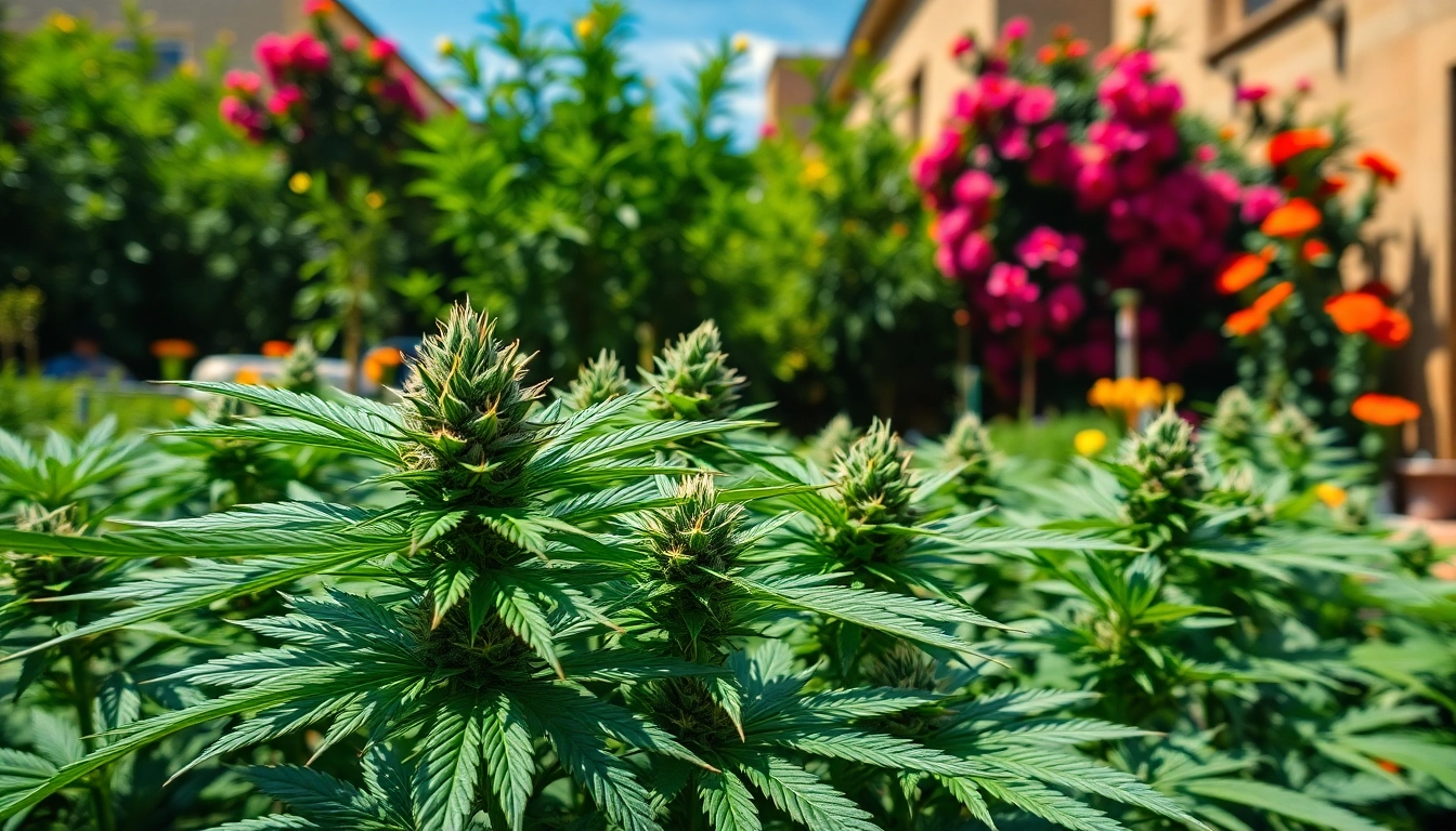 Comprendre le cannabis legal espagne dans un jardin urbain vibrant rempli de verdure.
