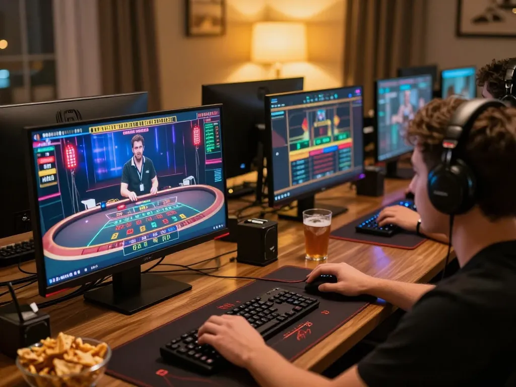 Engaging gameplay at Trang chủ 79king with a player immersed in live dealer games on multi-screen setup.