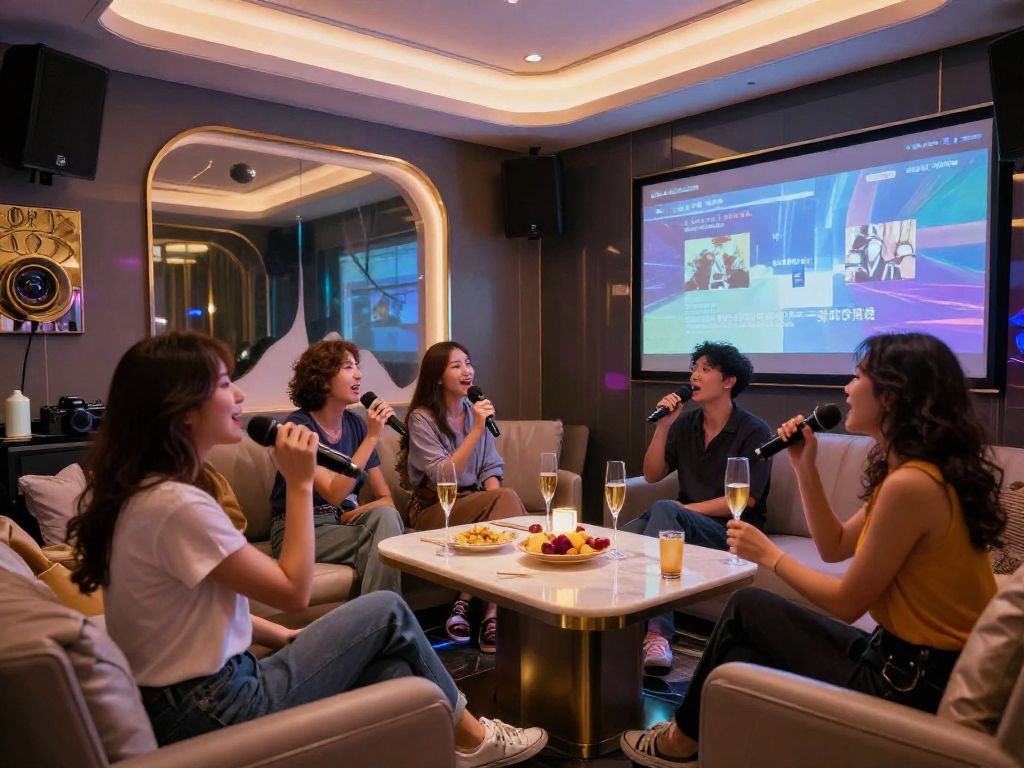 강남 타이밍의 고급스러운 가라오케 룸에서 친구들과 즐거운 시간을 보내는 모습