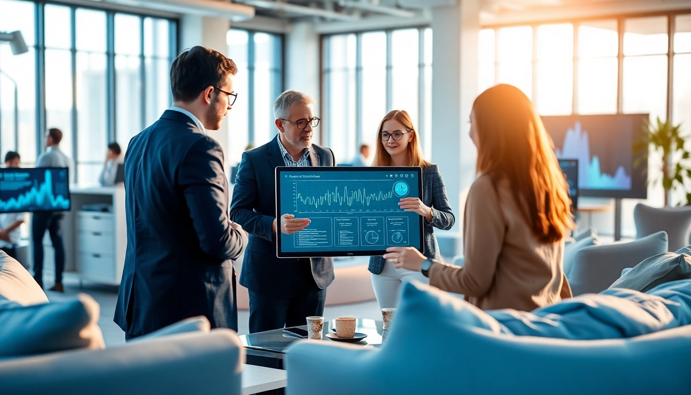Engaging team collaborating with an enterprise ai assistant in a modern office setting.