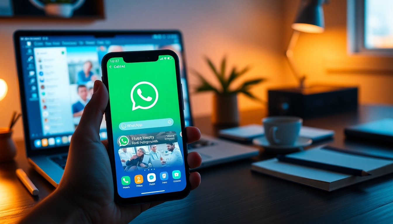 Explore GB WhatsApp's customizable features on a modern smartphone in a digital workspace.