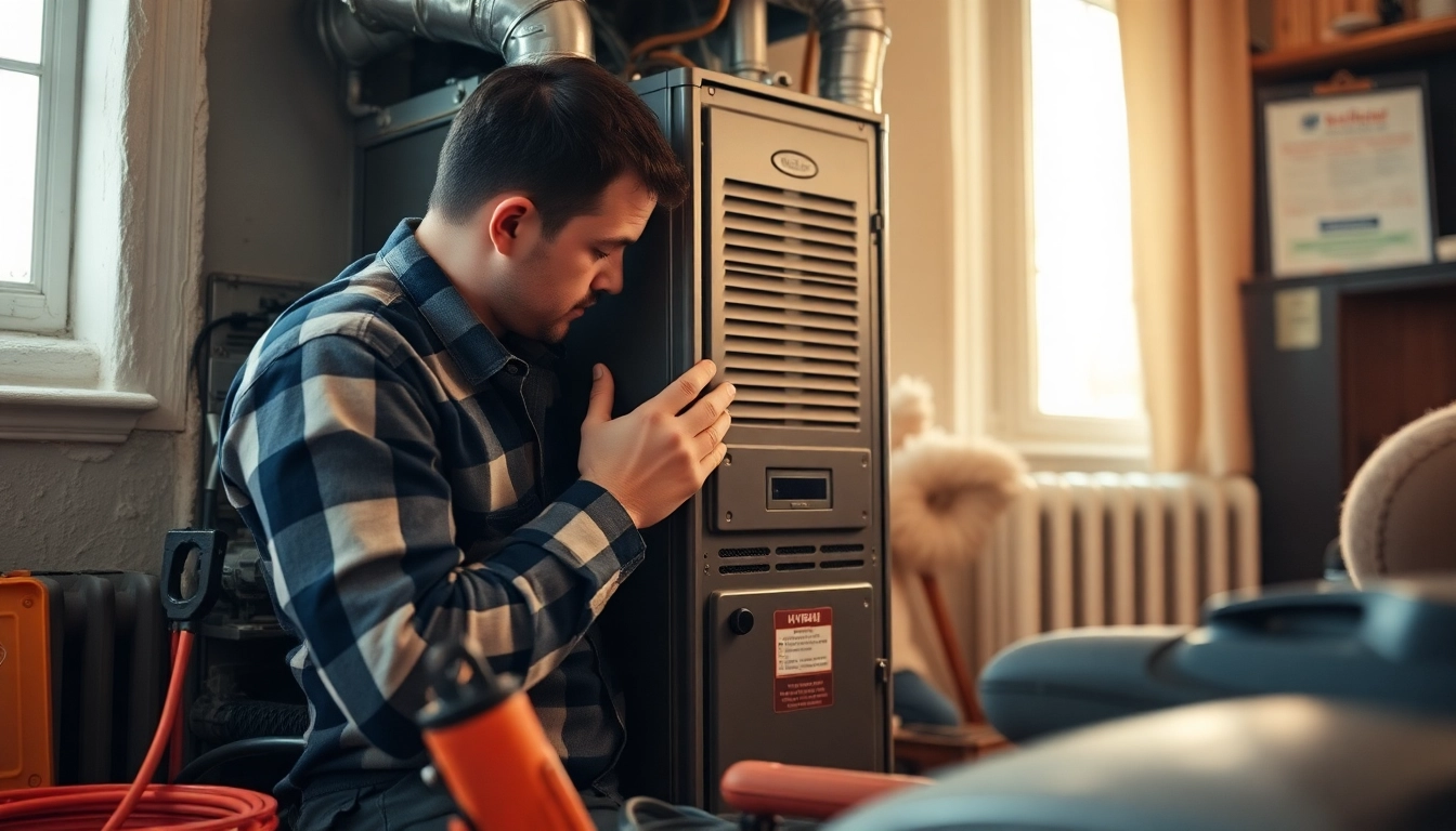 Technician providing furnace repair pound ridge services in a home environment with tools and equipment.