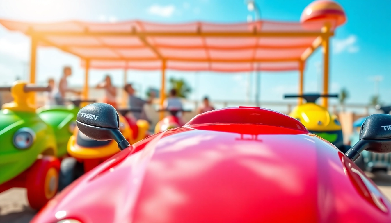 Children enjoying ride on toys in a vibrant playground setting, promoting fun and active play.