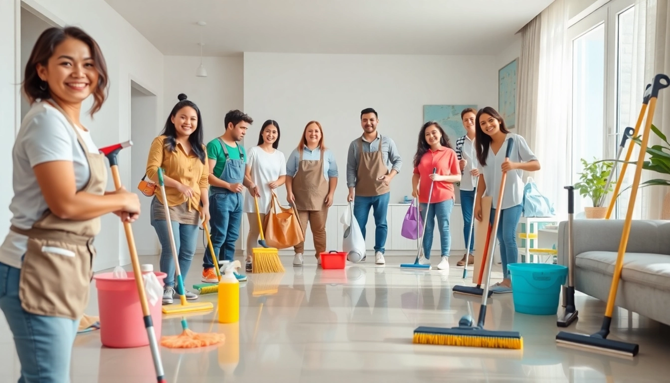 Cleaning service professionals diligently working in a bright home environment, showcasing efficiency and teamwork.
