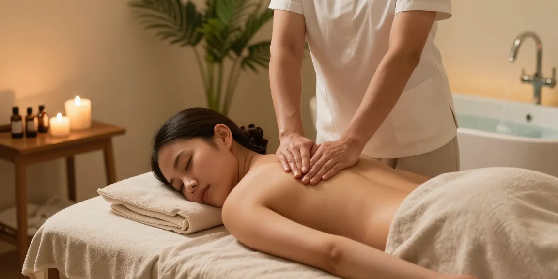 마사지 치료 중인 클라이언트와 치료사가 편안한 분위기에서 아로마와 촛불이 있는 이미지