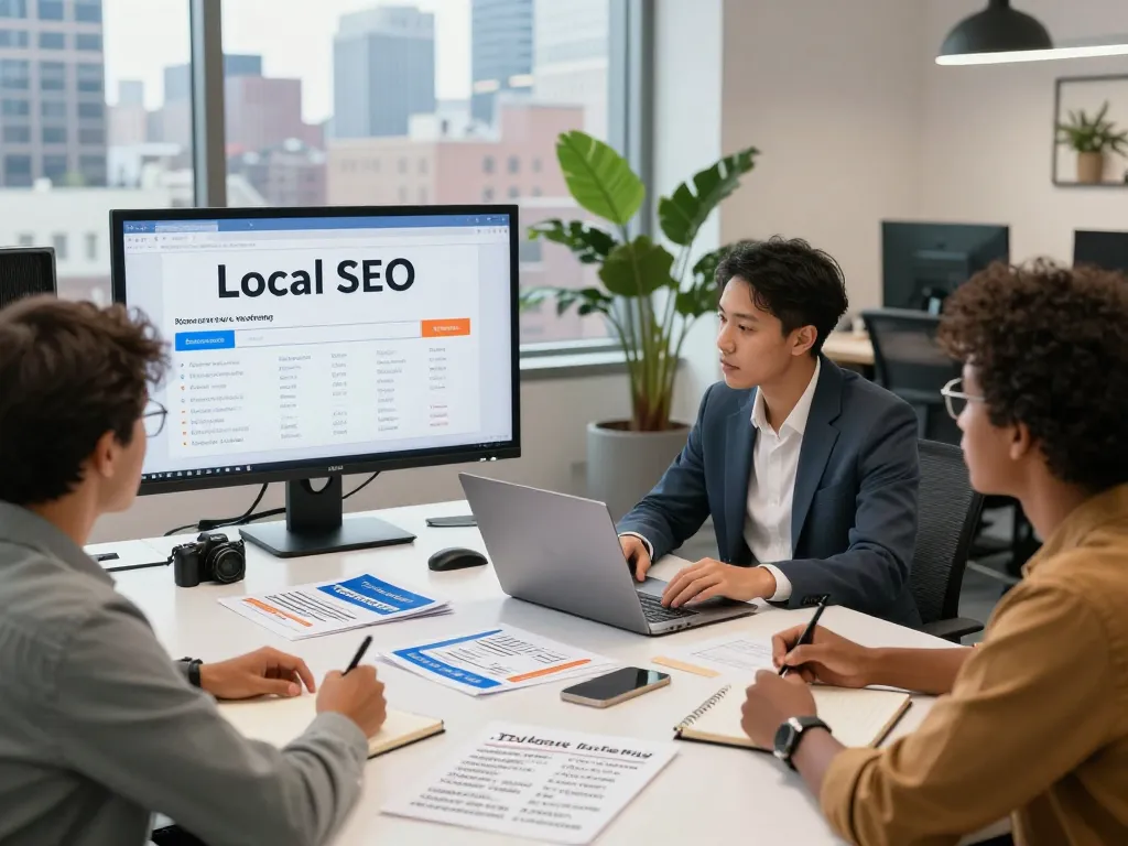 Marketing team discussing Local SEO NYC strategies in a modern office.