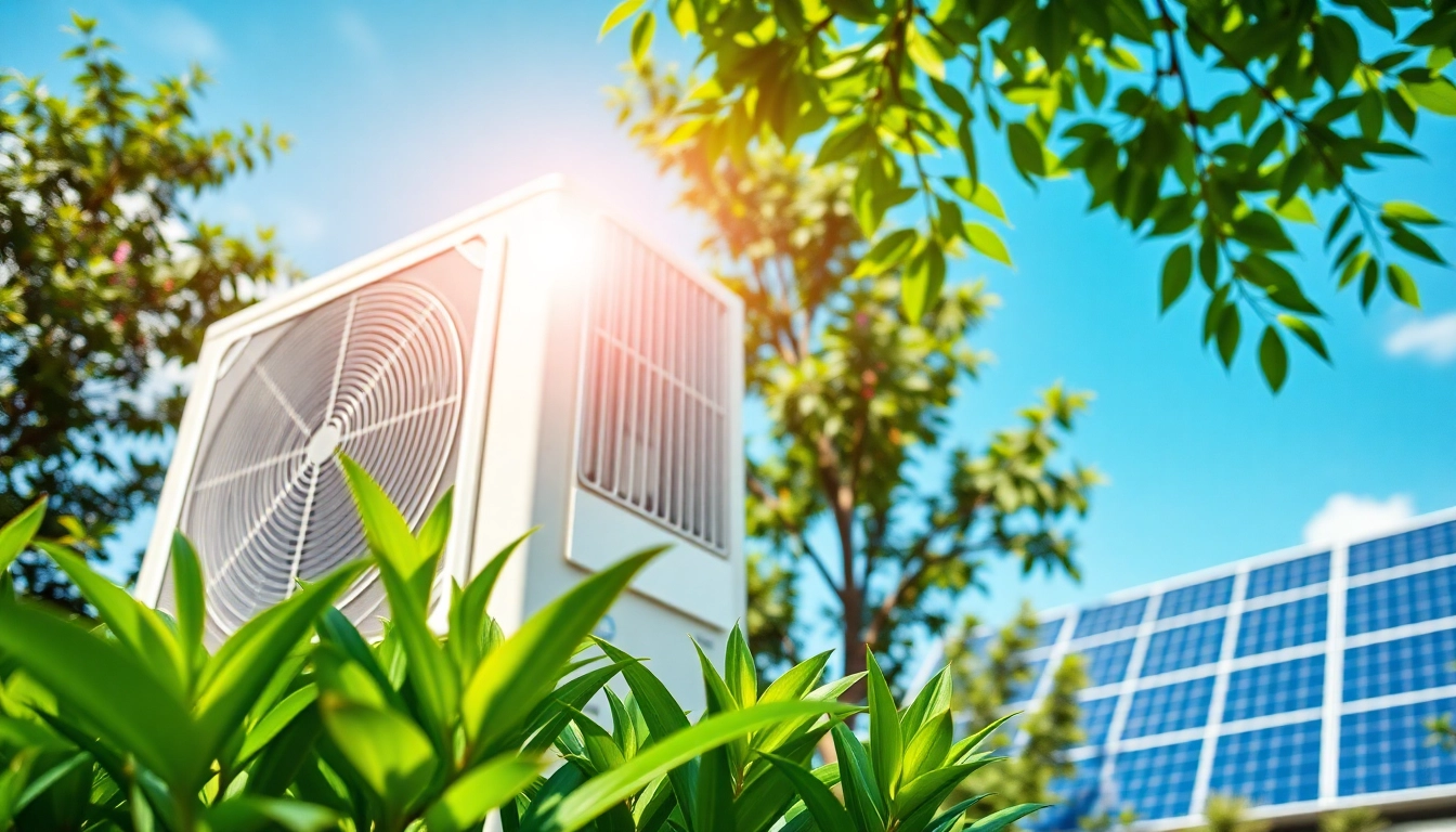 Promote Green Cooling with an energy-efficient air conditioning unit surrounded by greenery and solar panels.