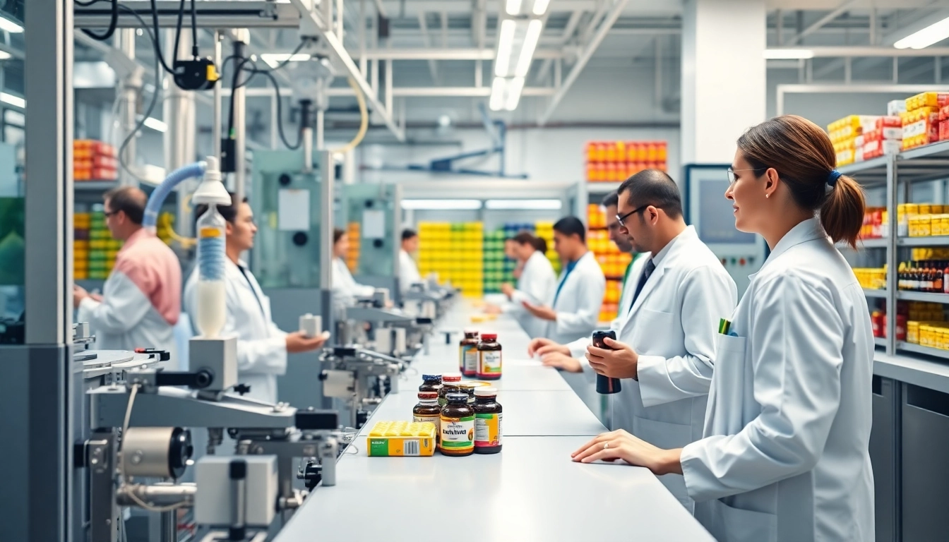 Showcasing a white label vitamin manufacturer UK, highlighting a modern production facility with workers.