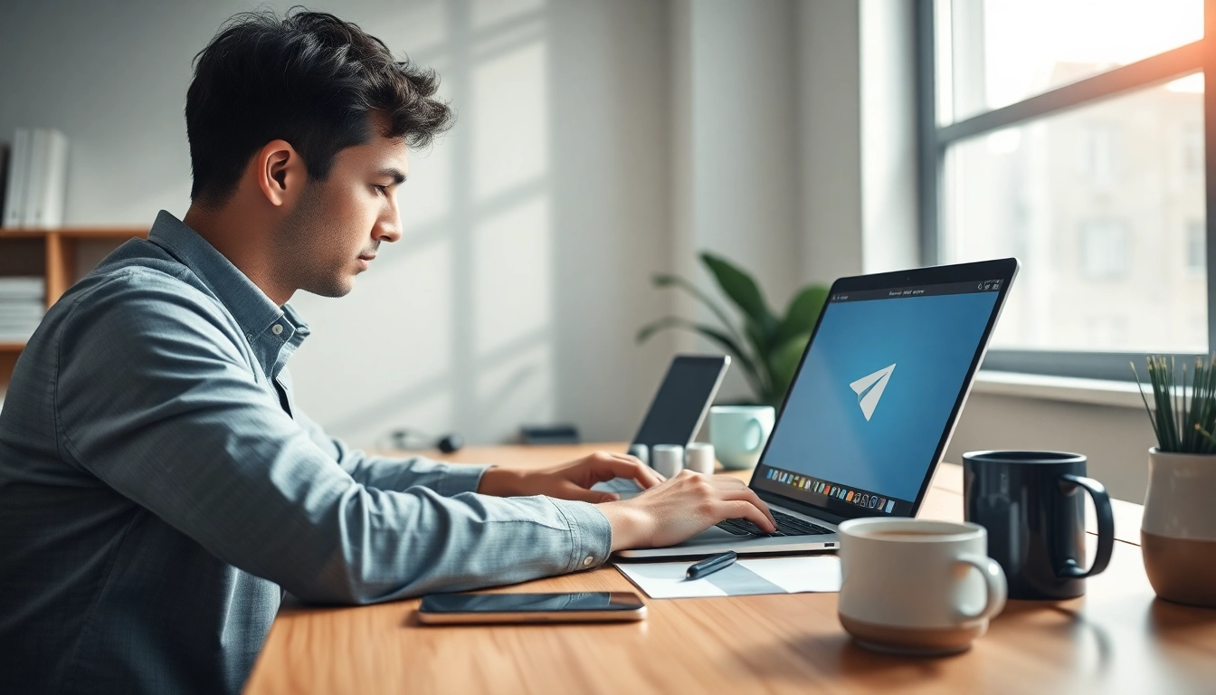 Using Telegram电脑版 on a laptop in a modern workspace, enhancing communication and productivity.