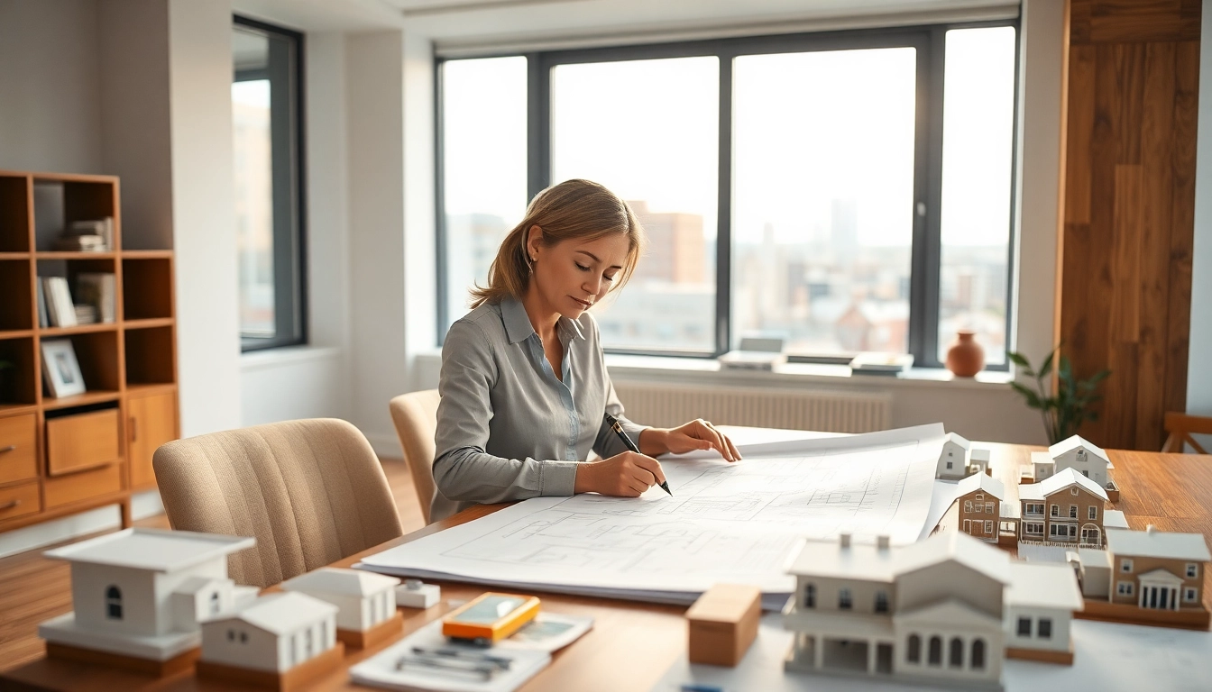 Contact residential architect Boston collaborating on detailed blueprints in a bright office.