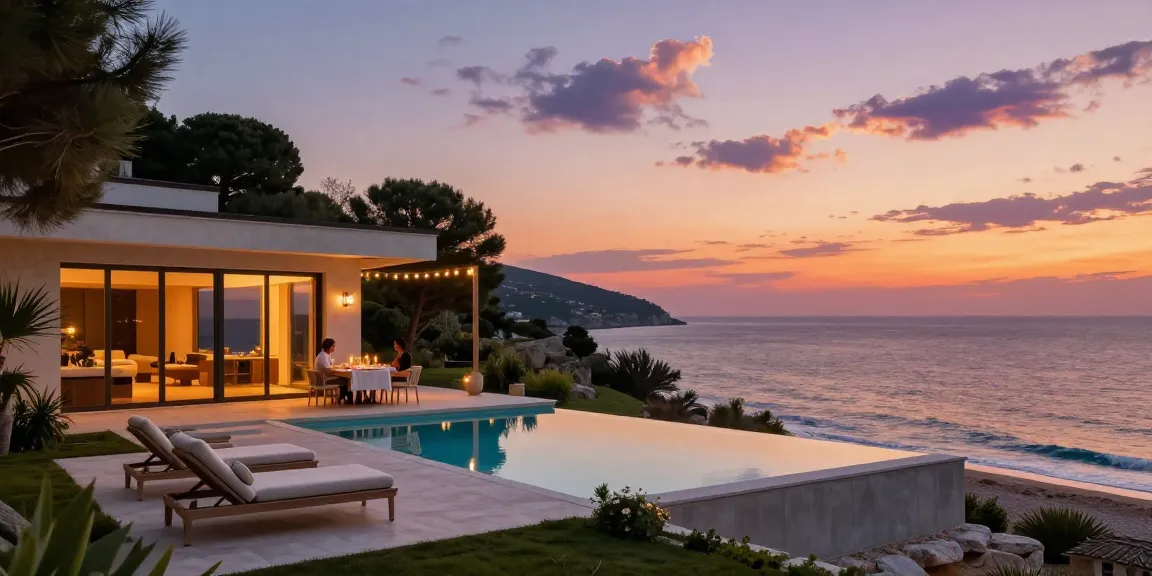 Villa Albania with stunning sea view, luxurious outdoor terrace dining experience during sunset.