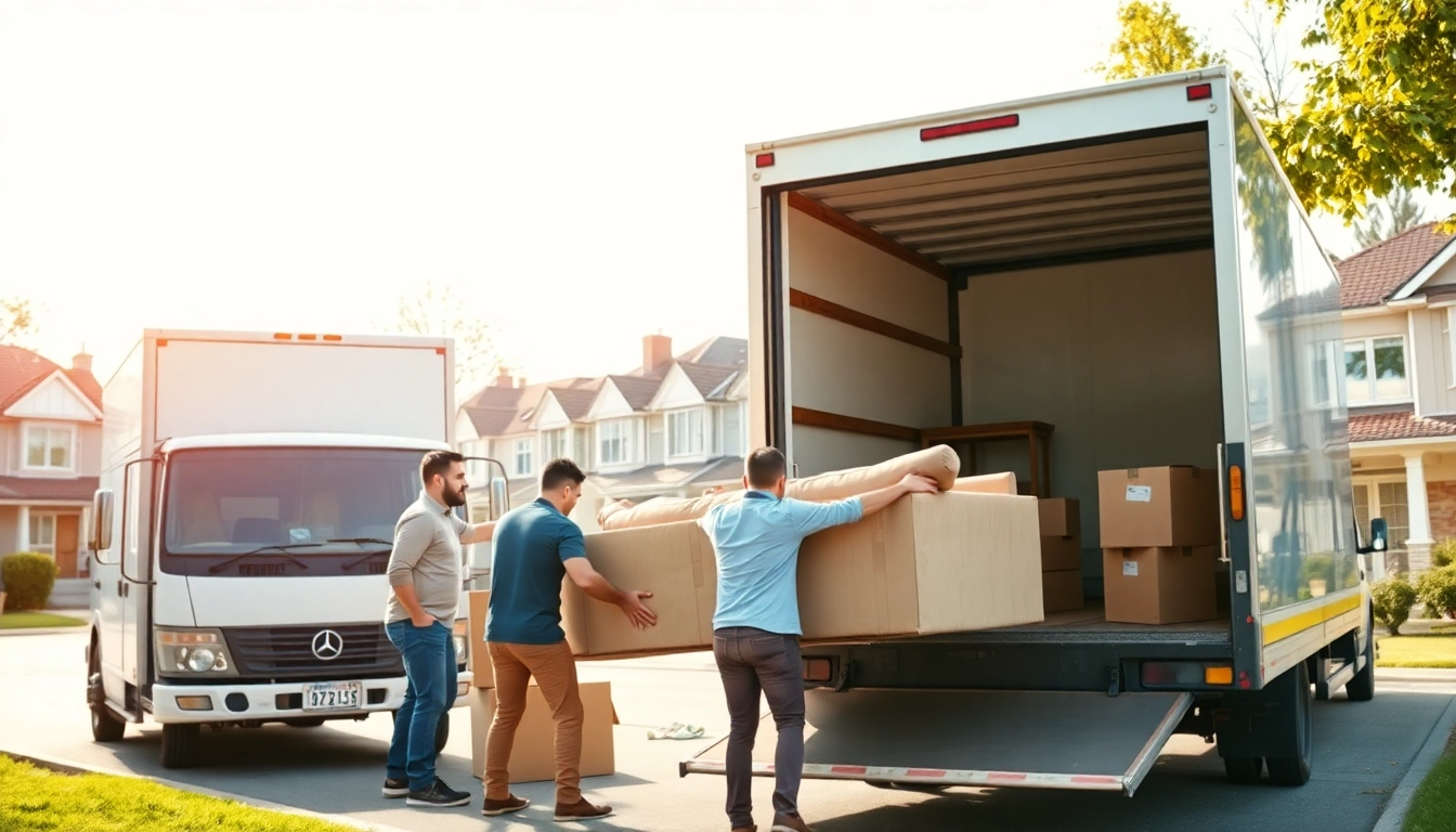 House removal companies efficiently loading a truck in an urban neighborhood.