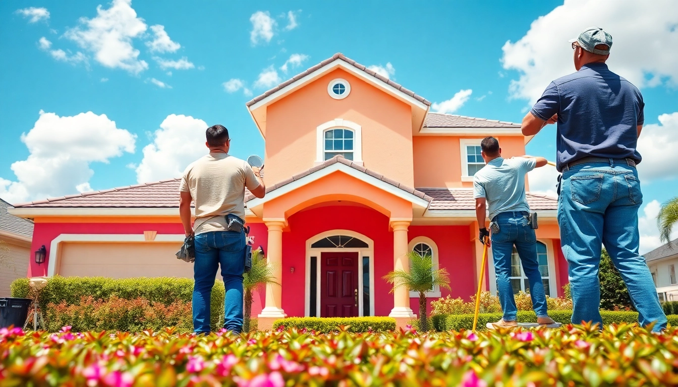 Showcasing expert painters at work on a home from https://33626painters.com with vibrant colors and clear skies.