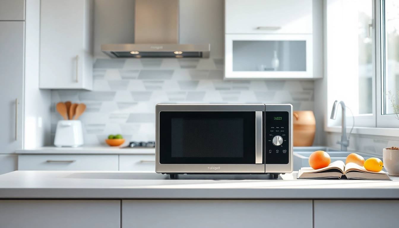 Showcase of microwave oven sales with a modern kitchen featuring a sleek microwave on the counter.