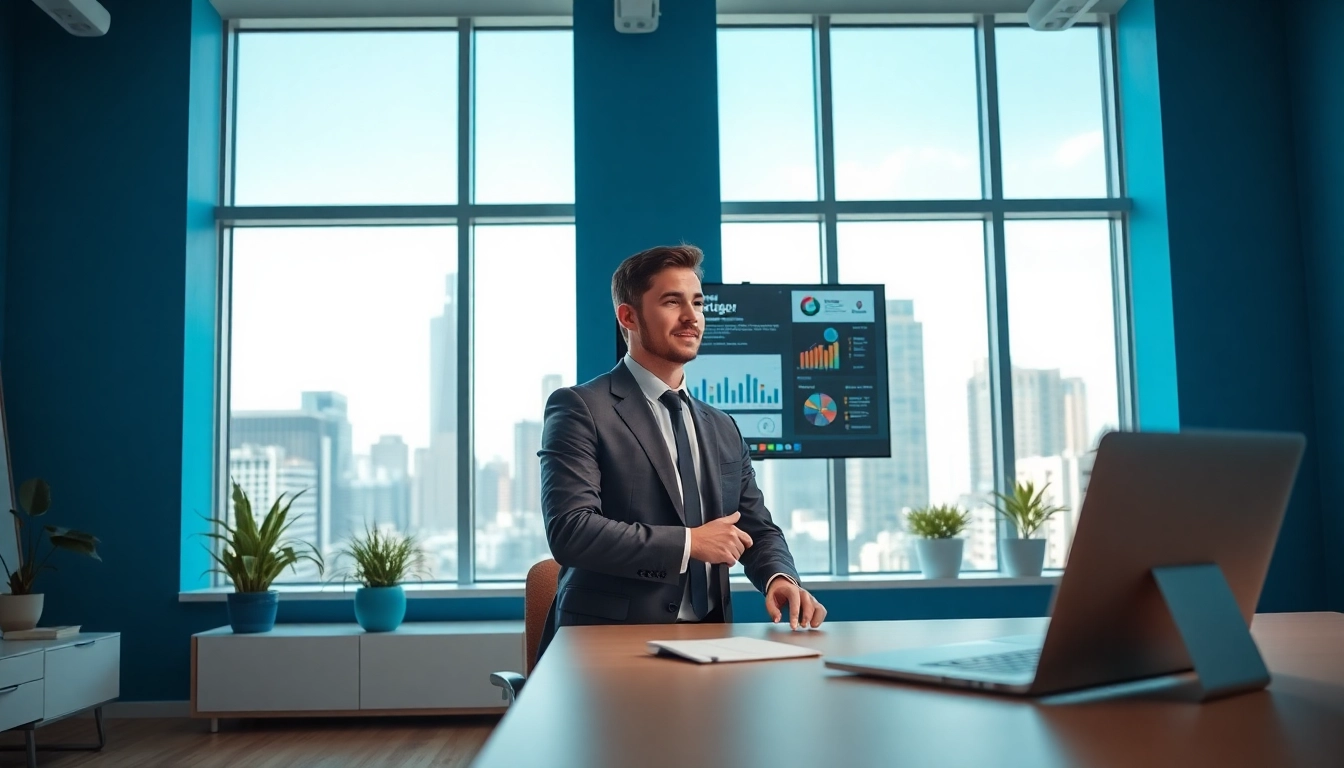 Marketing Consultant engaged in a video call, bright office with charts and cityscape.