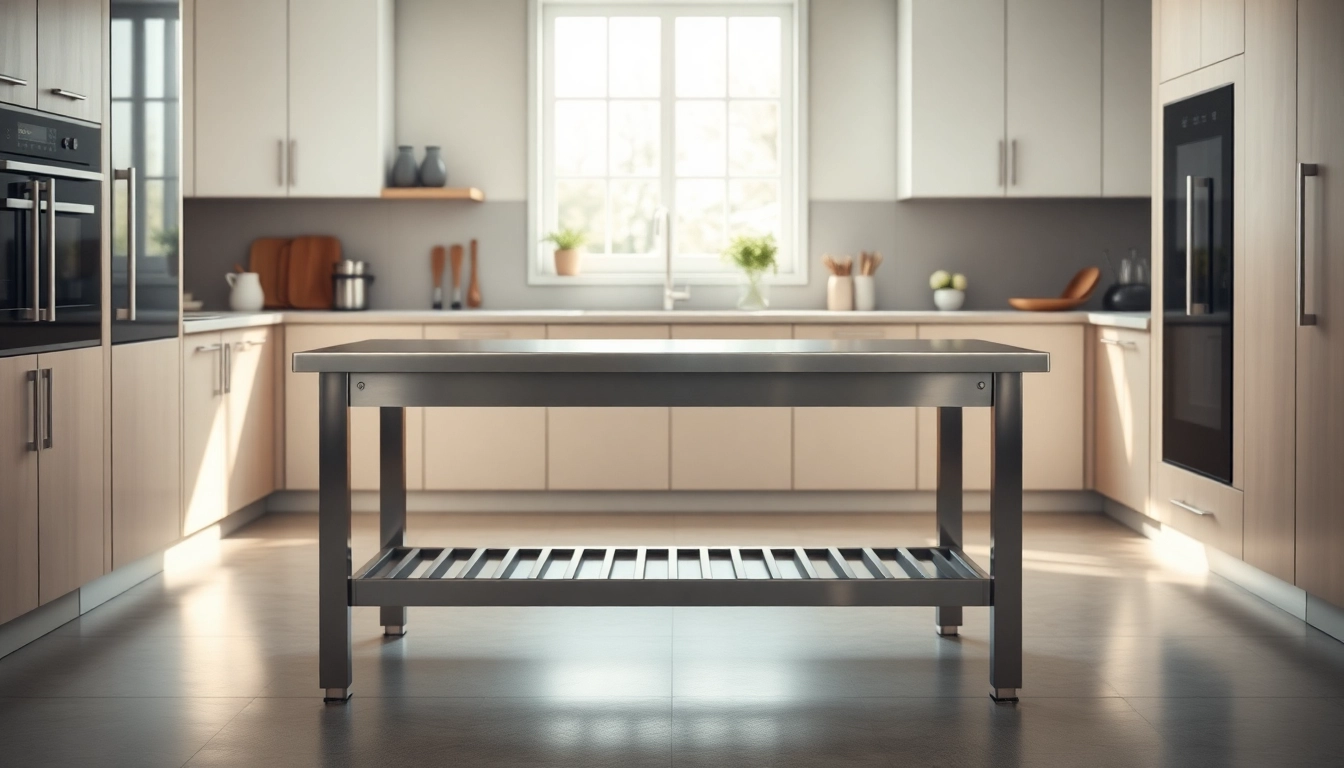 Prepare meals with a stylish stainless steel table in a modern kitchen setting.