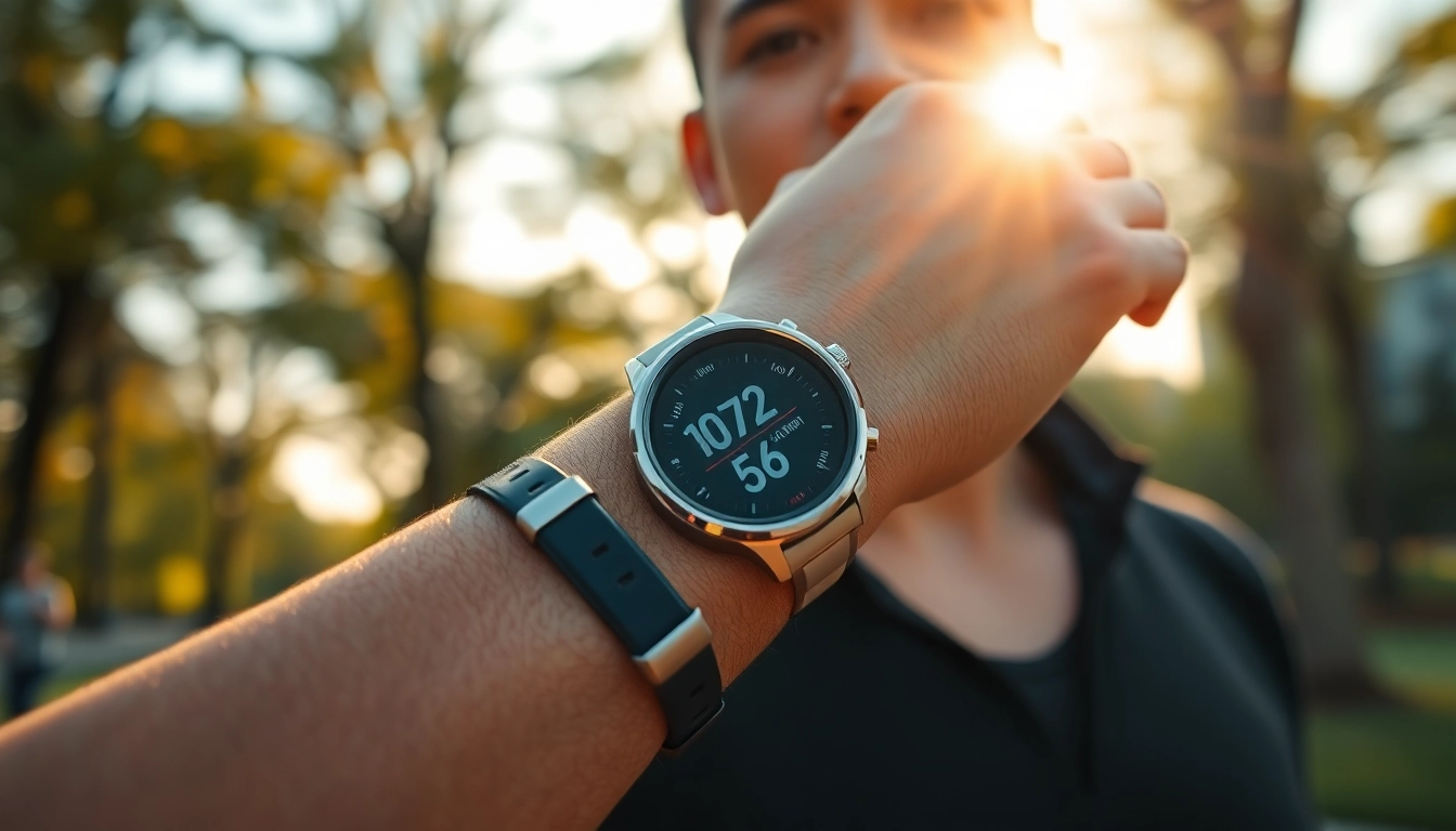 Capture of a fitness enthusiast using Ringconn smartwatch, focusing on health metrics in a vibrant urban park.